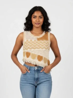 Boho Crochet Heart Motif Crop Top with Asymmetric Fringe Hem