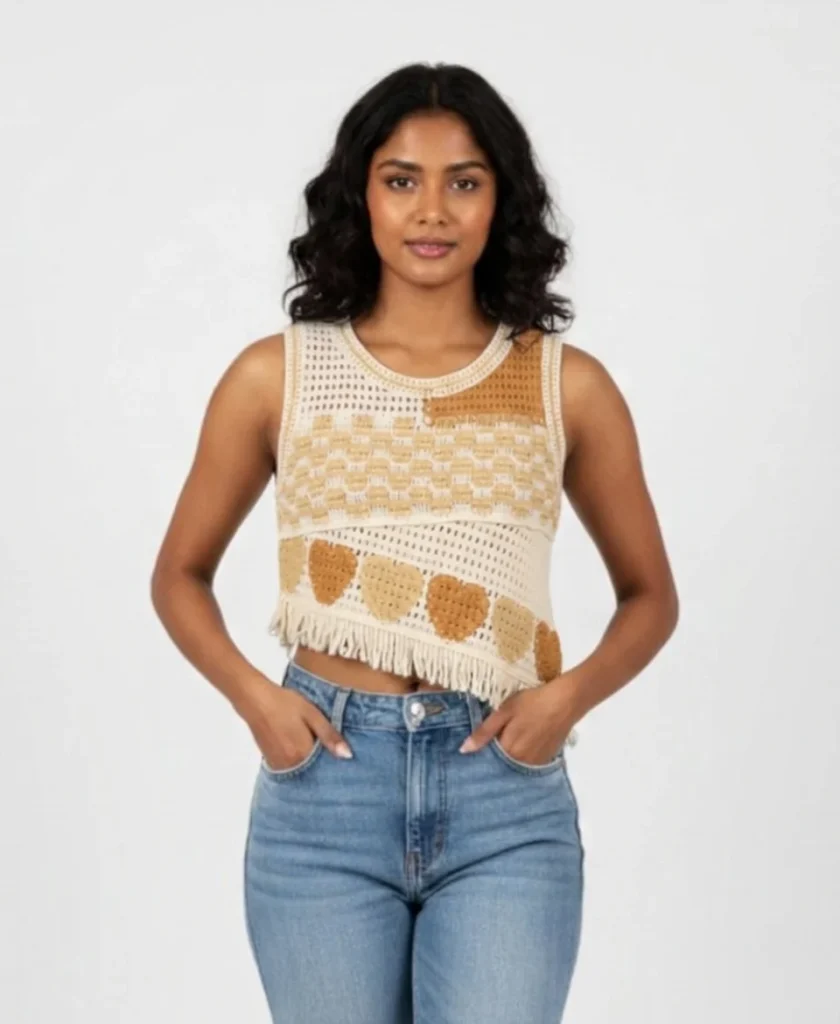 Boho Crochet Heart Motif Crop Top with Asymmetric Fringe Hem