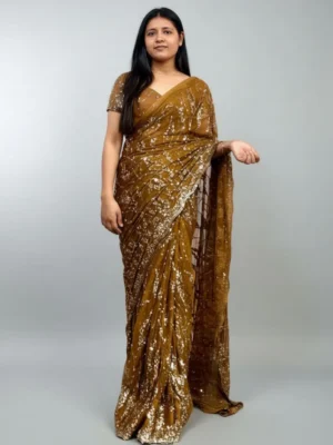 Golden Brown Sequin Party Wear Saree