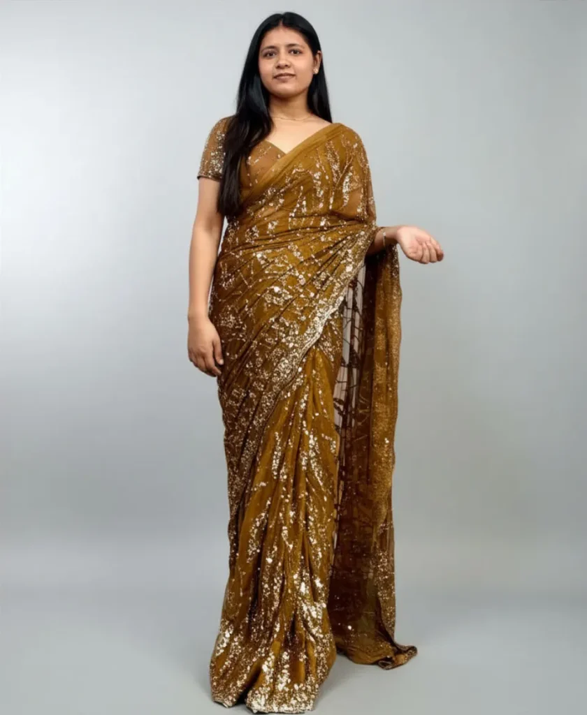 Golden Brown Sequin Party Wear Saree