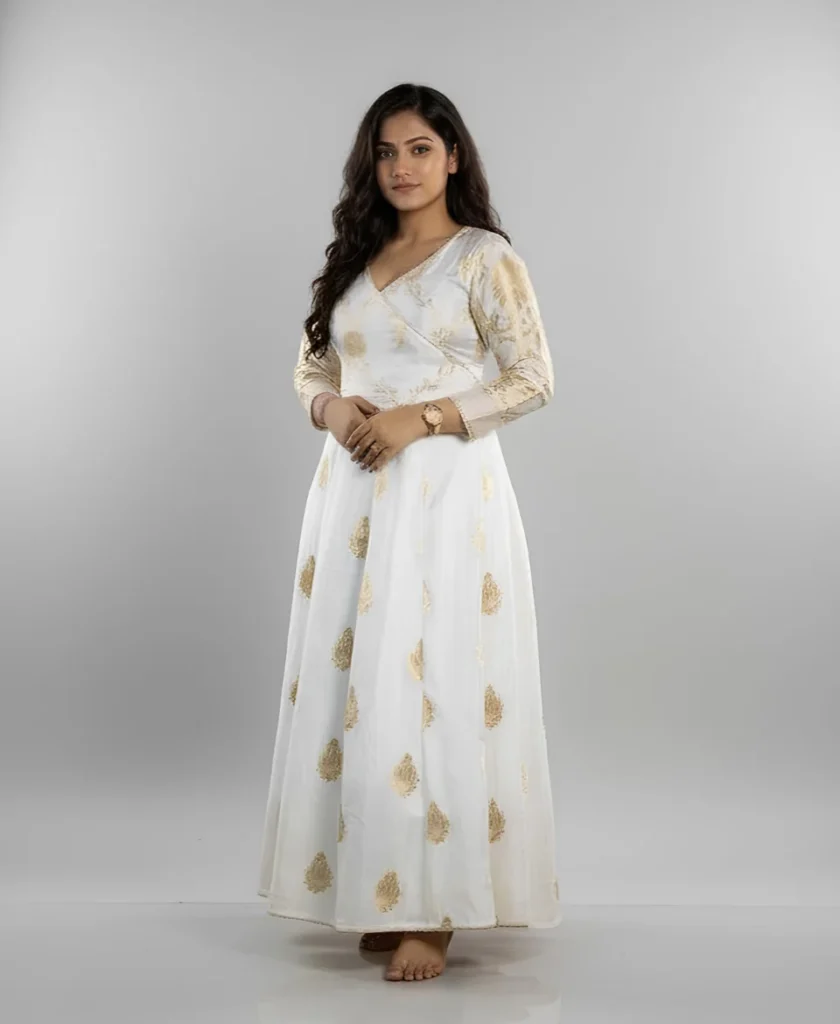 White & Gold Anarkali Kurta Dress