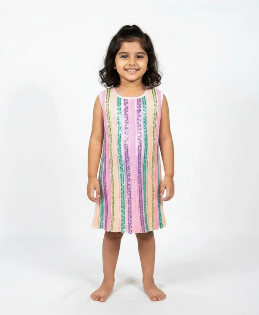 Classic sleeveless straight cut silhouette Multicolor dress for kids
