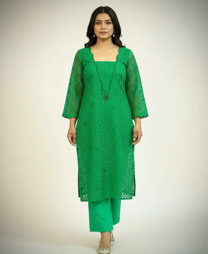 Straight-cut silhouette Chikankari green suit