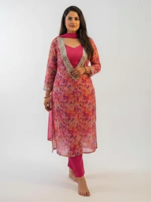 Multicolor Abstract Print Georgette Kurta Set with(Mirror) Work Neckline