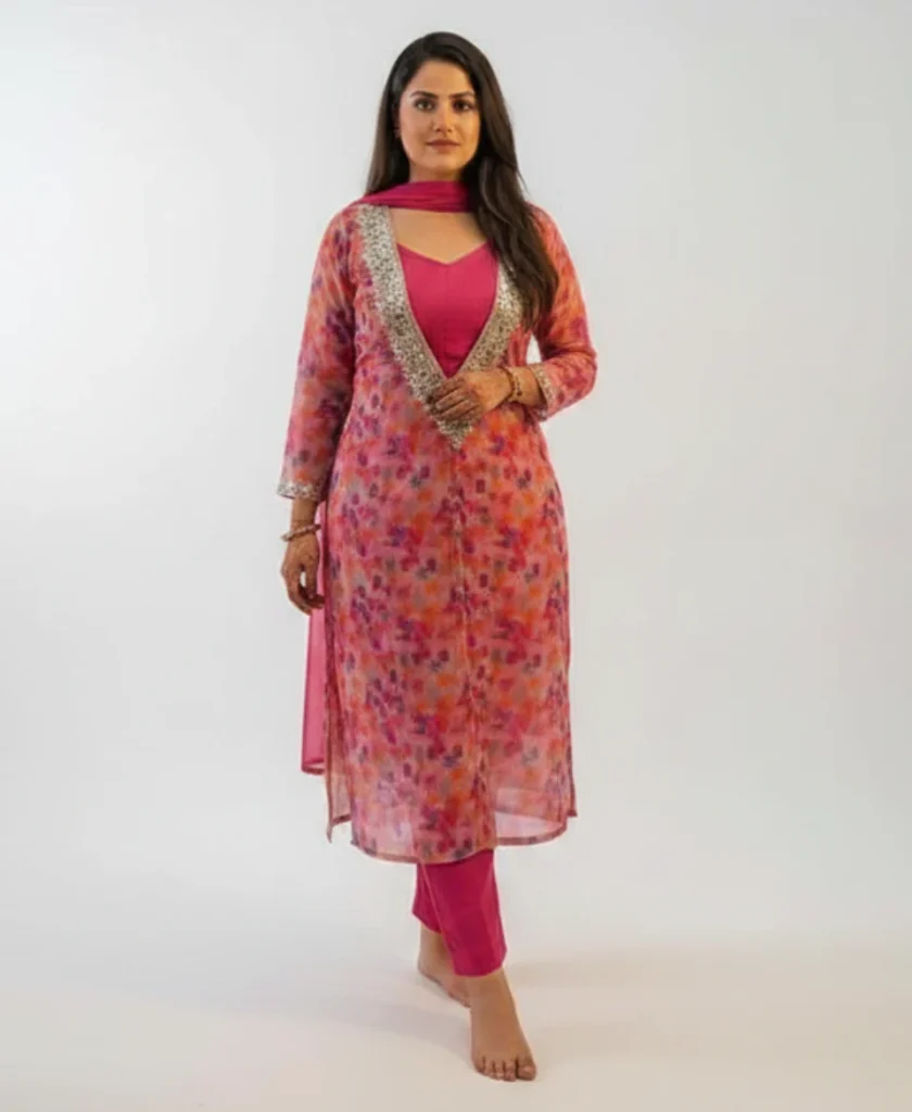 Multicolor Abstract Print Georgette Kurta Set with(Mirror) Work Neckline
