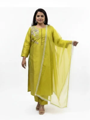 Chartreuse Silk Suit with Lace Trim