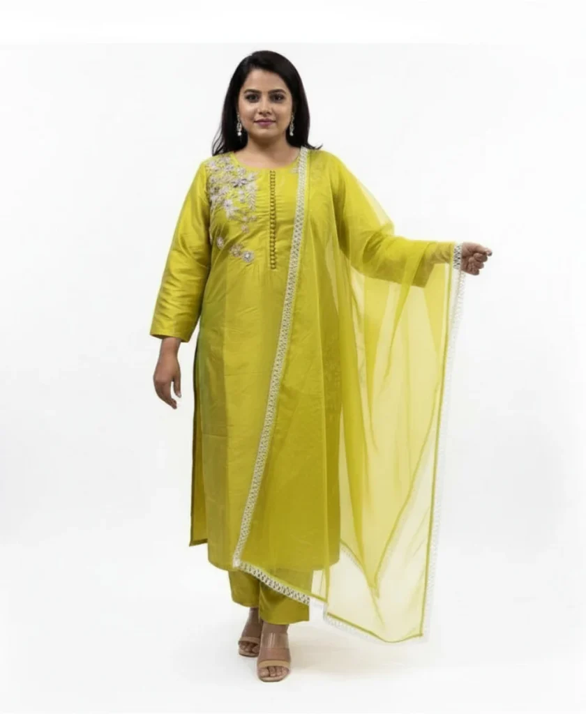 Chartreuse Silk Suit with Lace Trim