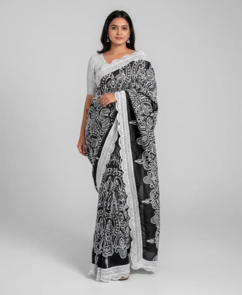 Luxury Silk/Organza Kashida-inspired Black Saree