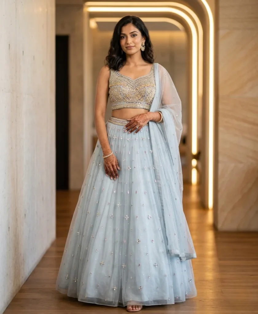 Ice Blue Sequinned Tulle Lehenga Choli with Heavy Mirror Work Blouse