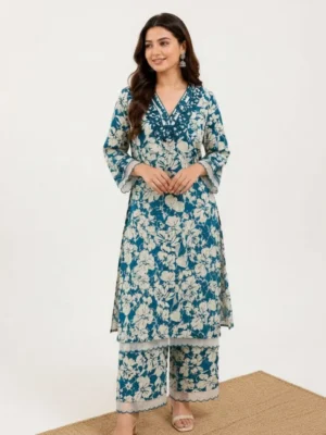 Blue & White Floral Printed Kurta with Palazzo Set