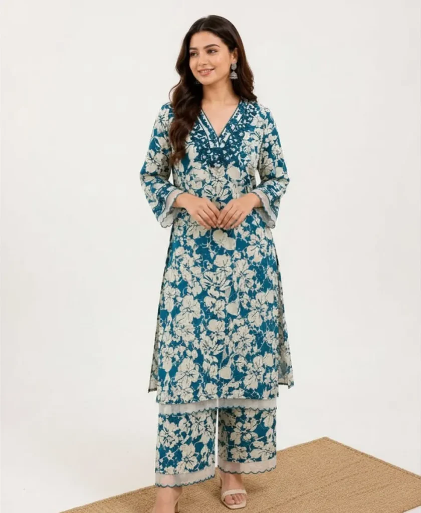 Blue & White Floral Printed Kurta with Palazzo Set