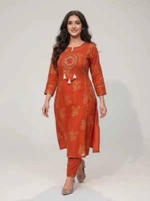 Rust Orange Embroidered Kurta Pant Set