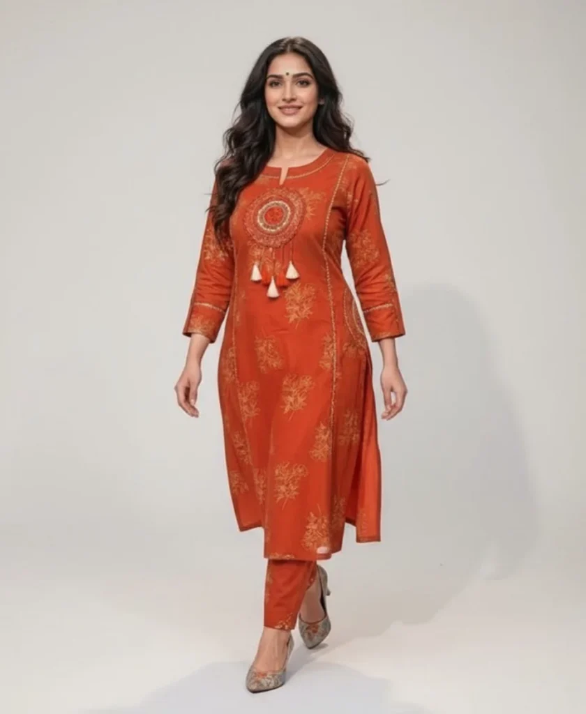 Rust Orange Embroidered Kurta Pant Set