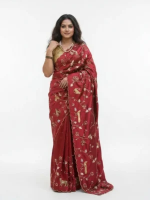 Crimson Zardosi Flora-Fauna Saree