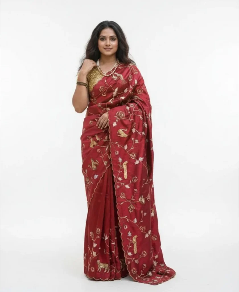 Crimson Zardosi Flora-Fauna Saree