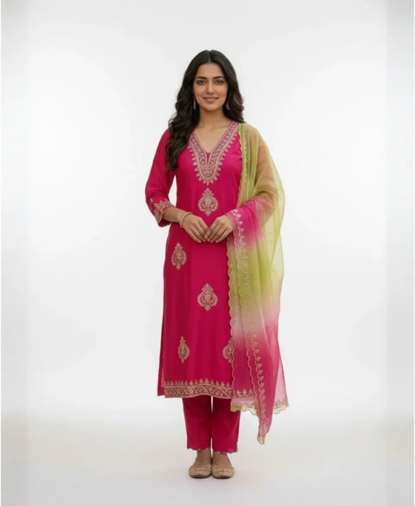 Rani Pink Chanderi Silk Gotapatti Kurta Set with Ombré Organza Dupatta