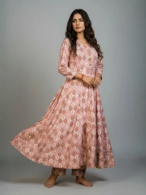 Peach & Rose Gold Geometrical Ikkat Print Anarkali