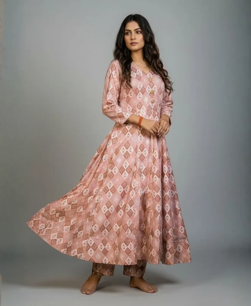 Peach & Rose Gold Geometrical Ikkat Print Anarkali